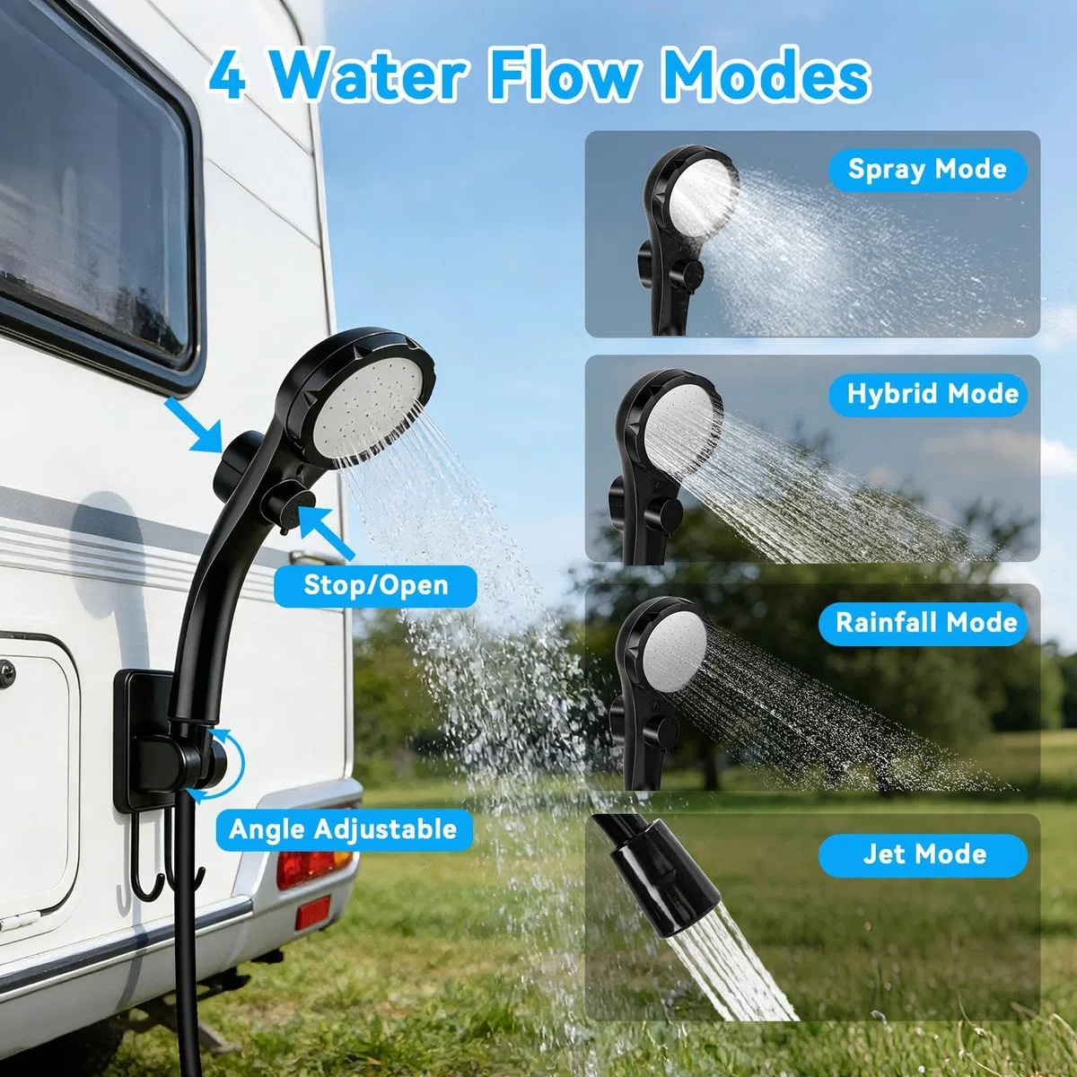 Douche Camping Portable 6000mAh - IPX8, Pompe Douche Camping avec Lumière LED, Rechargeable, Douche Camping -Affichage de la Température/5 Modes de Pression Réglable