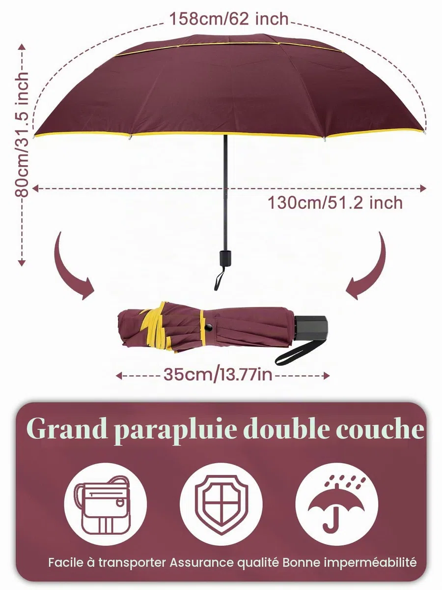 Kalolary Extra Large Parapluie de Golf Parapluie Pliant Imperméable Compact Oversize, Double Auvent Ventilé Imperméable Bâton Parapluies de Voyage pour Femmes et Hommes Usage Domestique