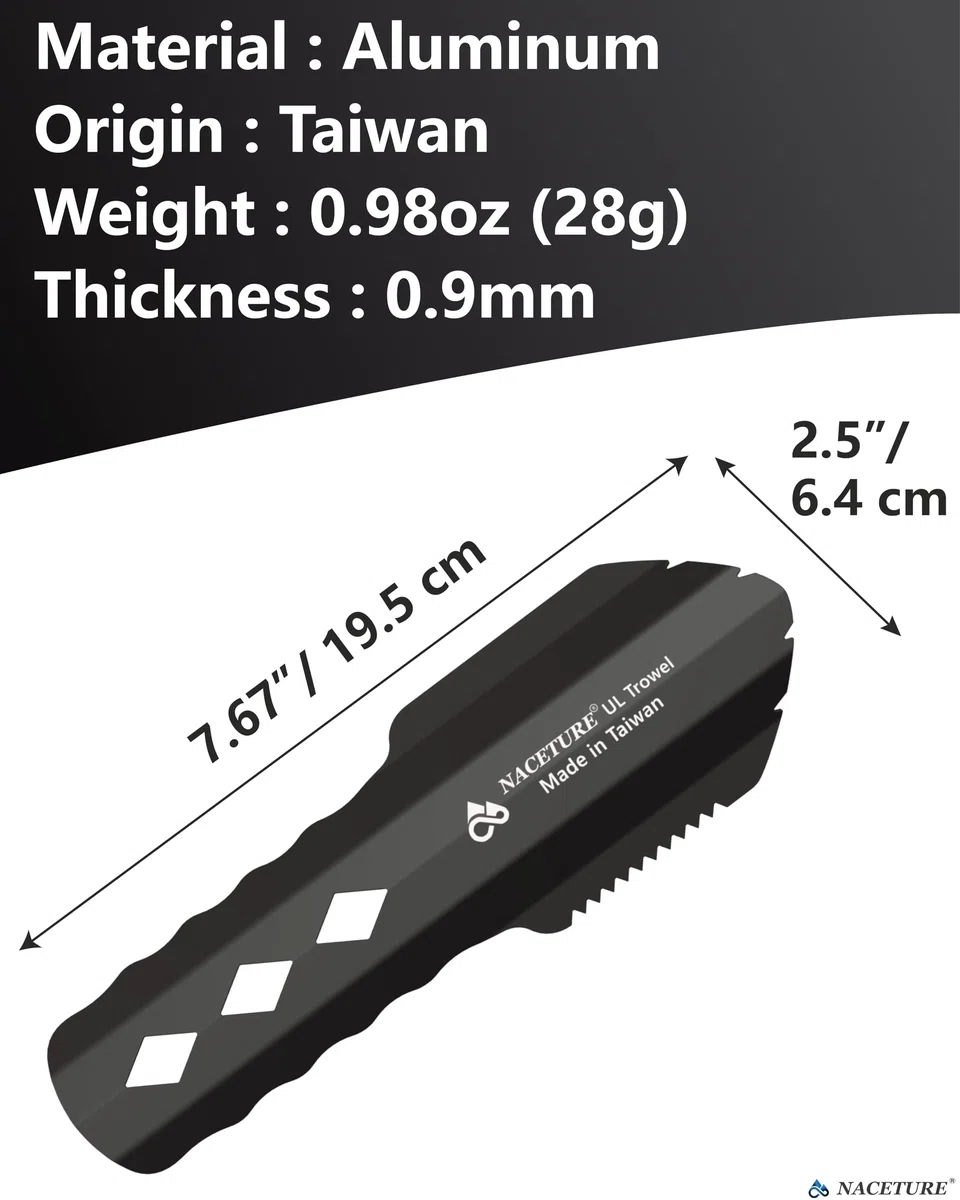NACETURE Truelle de randonnée ultralégère en Aluminium - Petit Pot Multifonction avec poignée Plus Longue - Indispensable pour la randonnée, Le Camping et Les Sacs de Survie, Noir