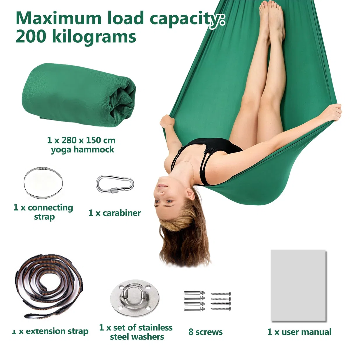 Hamac Yoga Aérien 280x150 cm, Ensemble de Suspension pour Yoga Aérien, Charge Maximale 200KG, Anti-Gravité, Hamac Exterieur avc Sangle d'Extension un Mousqueton, Adapté à l'intérieur et à l'extérieur