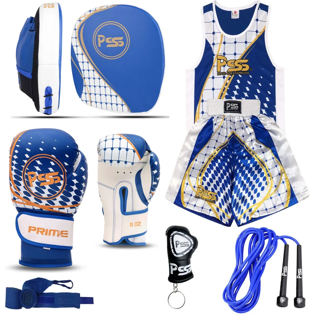 PSS Ensemble Boxe Enfants 3-14 Ans 6 Pièces Short & Débardeur + Gants Boxe Enfants 4Oz + 2 Pattes d’Ours + Accessoires, Bleu, Rouge ou Noir, Ensemble Boxe Enfant Muay Thai Kickboxing Boxe Anglaise