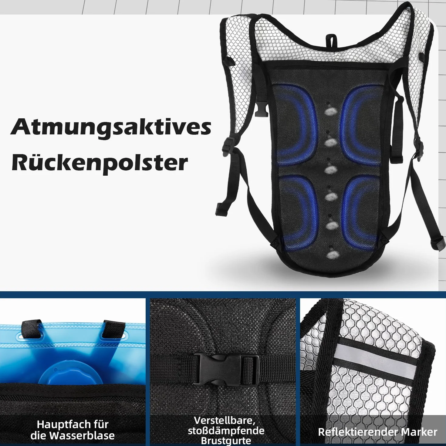 Sac à Dos d'hydratation avec Poche à Eau de 2 l, léger, Respirant, avec 3 Poches Couches, Bretelles renforcées pour la randonnée, la Course, Le Cyclisme