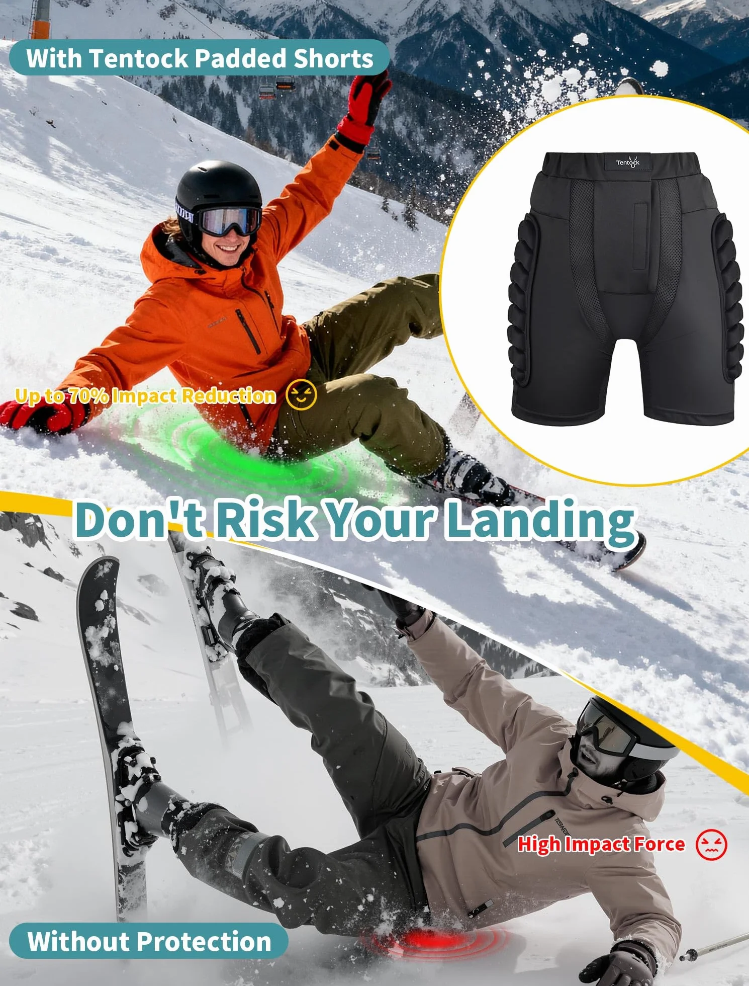 Tentock Adulte Short de Compression Hip-Guard Pantalon de Ski Cyclisme Short de Protection pour Patinage Snowboard