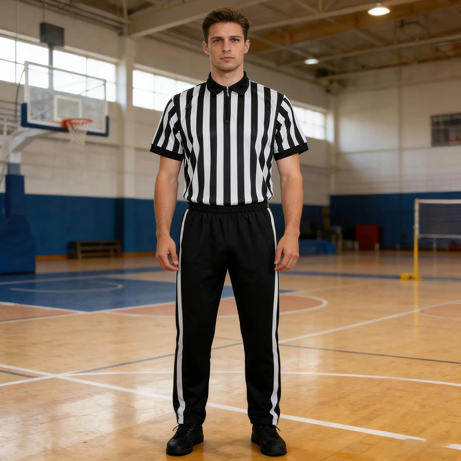 Générique Maillot réf – Uniforme à Rayures Noires et Blanches, Maillot réf à Manches Courtes et col en V avec Pantalon pour Football, Basket-Ball, Hockey, Volley-Ball, Baseball, Softball