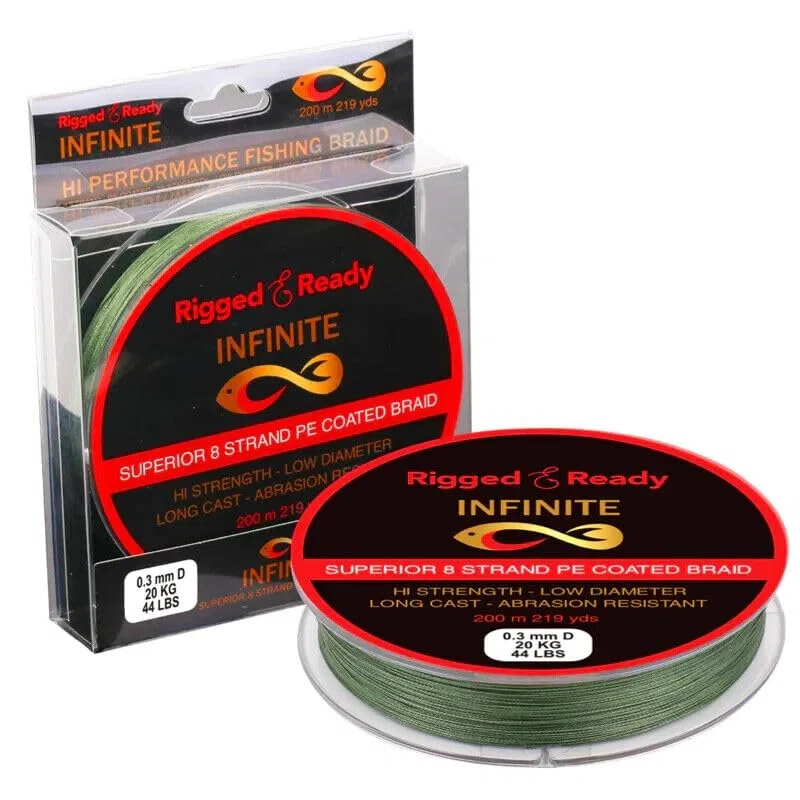 Rigged and Ready Infinite Hi-Performance Fishing Braid 10 to 66lb 4.5 to 30kg PE Coated Line 200m. Braided 8 Strand Low Diameter No Stretch Long Cast Abrasion Resistant Fast Sink. Sea Fishing.