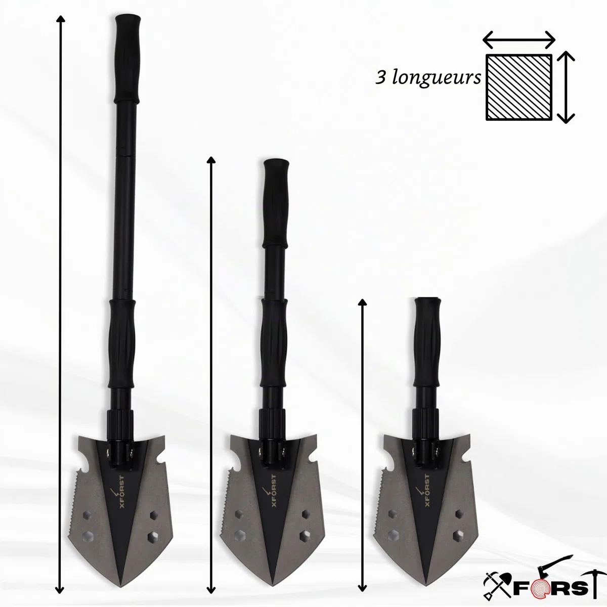 Xforst Pelle Pliante Multifonctionnelle pour Camping et Survie – Pelle en Acier au Carbone avec 3 Longueurs Réglables, Scie de Survie, Pierre à Feu, Sifflet et Housse – Accessoire Offroad