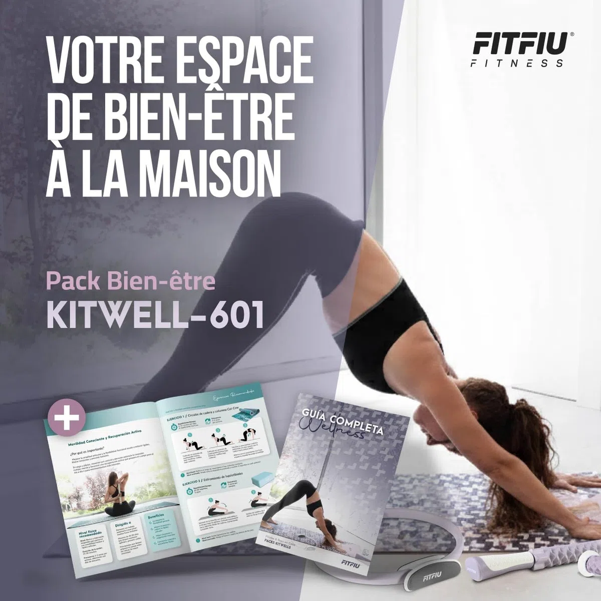 Fitfiu Fitness KITWELL-601 Pack de 6 Accessoires Yoga Pilates Couleur Lila avec Tapis, Bloc, Anneau, Sangle et 2 Masseurs Inclut Guide d’Exercices Wellness