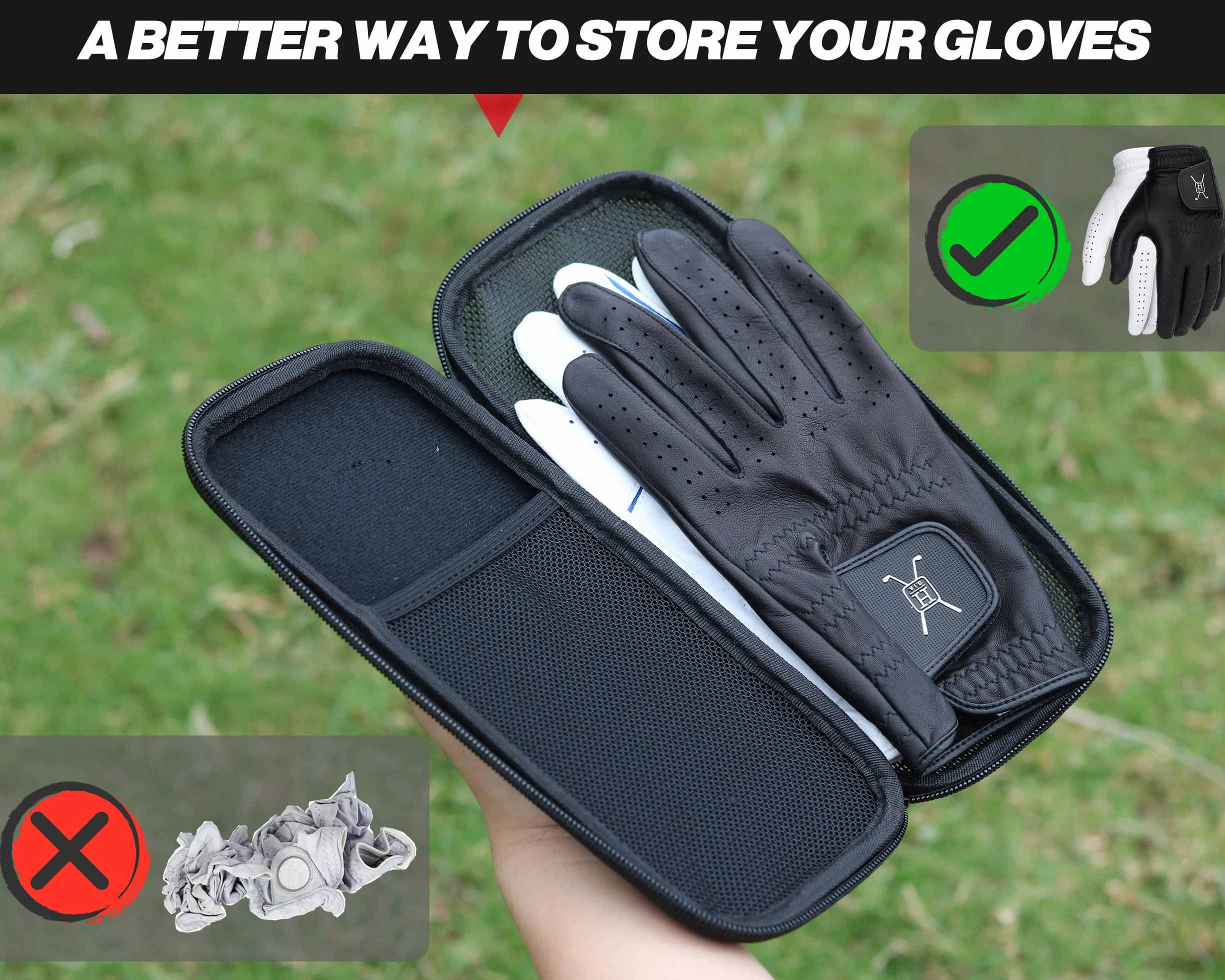Handy Picks Étui à gants de golf performant – Étui de support pour gants de golf qui protège et garde vos gants de golf propres et secs – L'air circule à travers la coque arrière pour évacuer