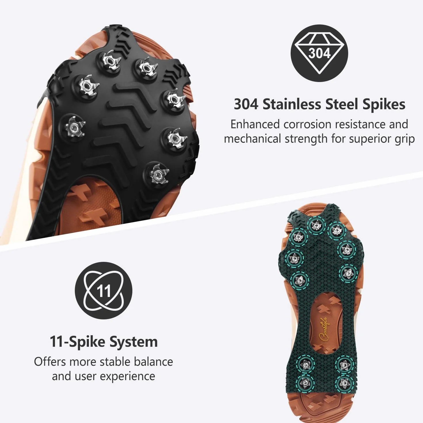 Griffes à Crampon avec 11 Dents, Véritables Pointes en Acier Inoxydable et Silicone Durable, Mixte Adulte, Anti-Slip Crampons de Neige pour la Marche, Randonnée, Alpinisme en Hiver