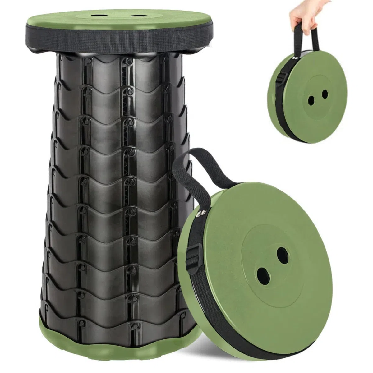 Fishtec - Tabouret Pliable Télescopique - Hauteur Réglable 6-44,5 Cm ABS Résistant 130 Kg Portable 1,28 Kg Ø25,5 Cm Bandoulière Compact Noir Vert - Camping Pêche Randonnée Pique Nique