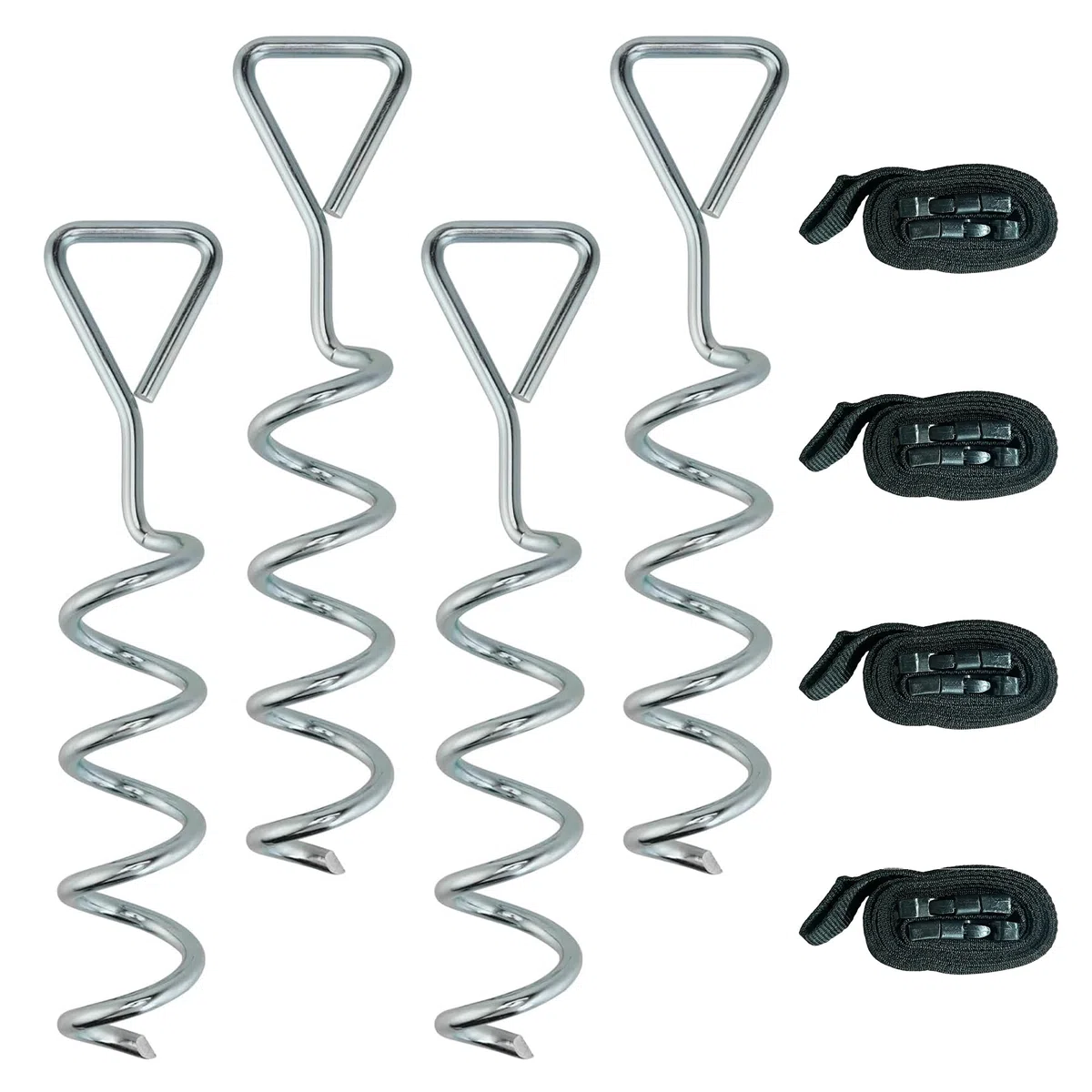 SPORTNOW Lot de 4 Piquets d'ancrage au Sol en Acier Galvanisé, Ancrage Spirales 32 cm, avec 4 Sangles Ajustables 180 cm, Kit d'ancrage au Sol pour Trampoline, Tentes, Balançoires, Abris