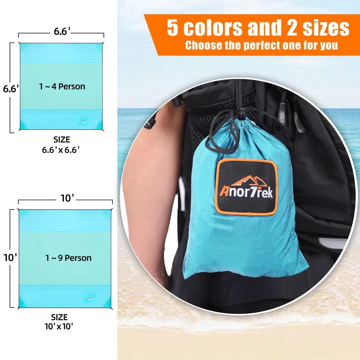 AnorTrek Couverture de Plage sans Sable, Grande Serviette de Plage imperméable,300 x 300 cm, Couverture de Plage sans Sable à séchage Rapide, légère, Douce et Durable