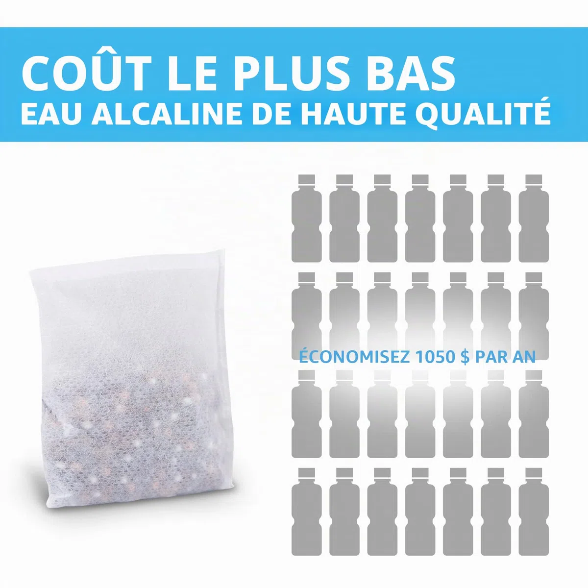 Pochette de filtre à eau alcaline riche en hydrogène pour bouteille, pichet, récipient, pH élevé 9 + sac filtrant portable pour bouteille d'eau longue durée (3 x 30 g)