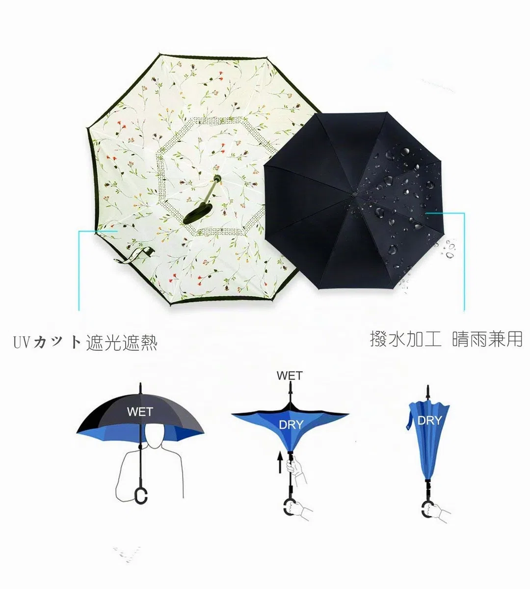 Parapluie double face coupe-vent et protecteur contre les UV - Pliable - Parapluie droit inversé pour hommes et femmes - Autoportant - Poignée en forme de C - pour le golf et les voitures