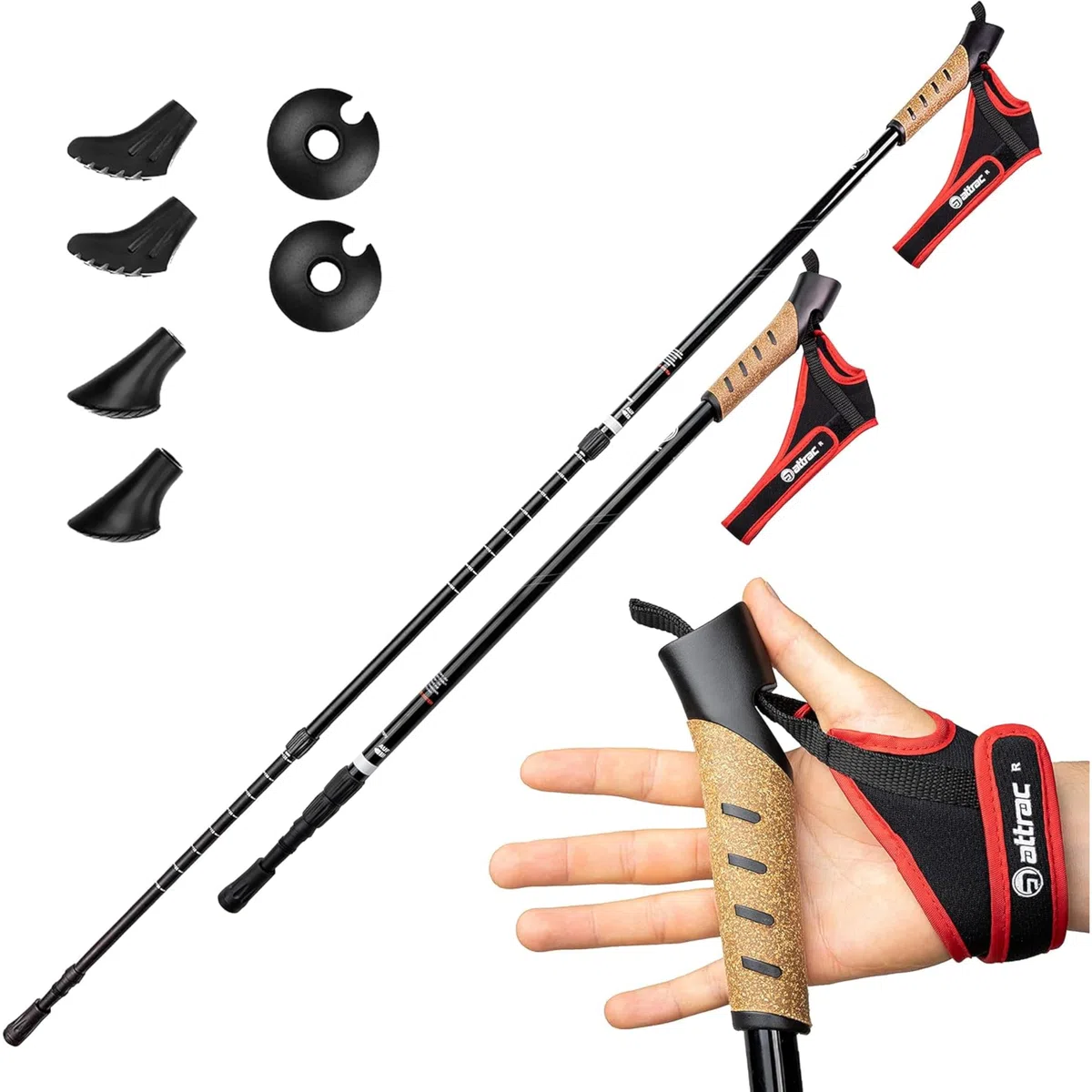 ATTRAC Baton de marche nordique - Classic avec système télescopique, antichoc et amortisseur, bâtons de marche à ressort - Longueur réglable de 69 à 136 cm - Poignée en liège (Noir-Rouge)