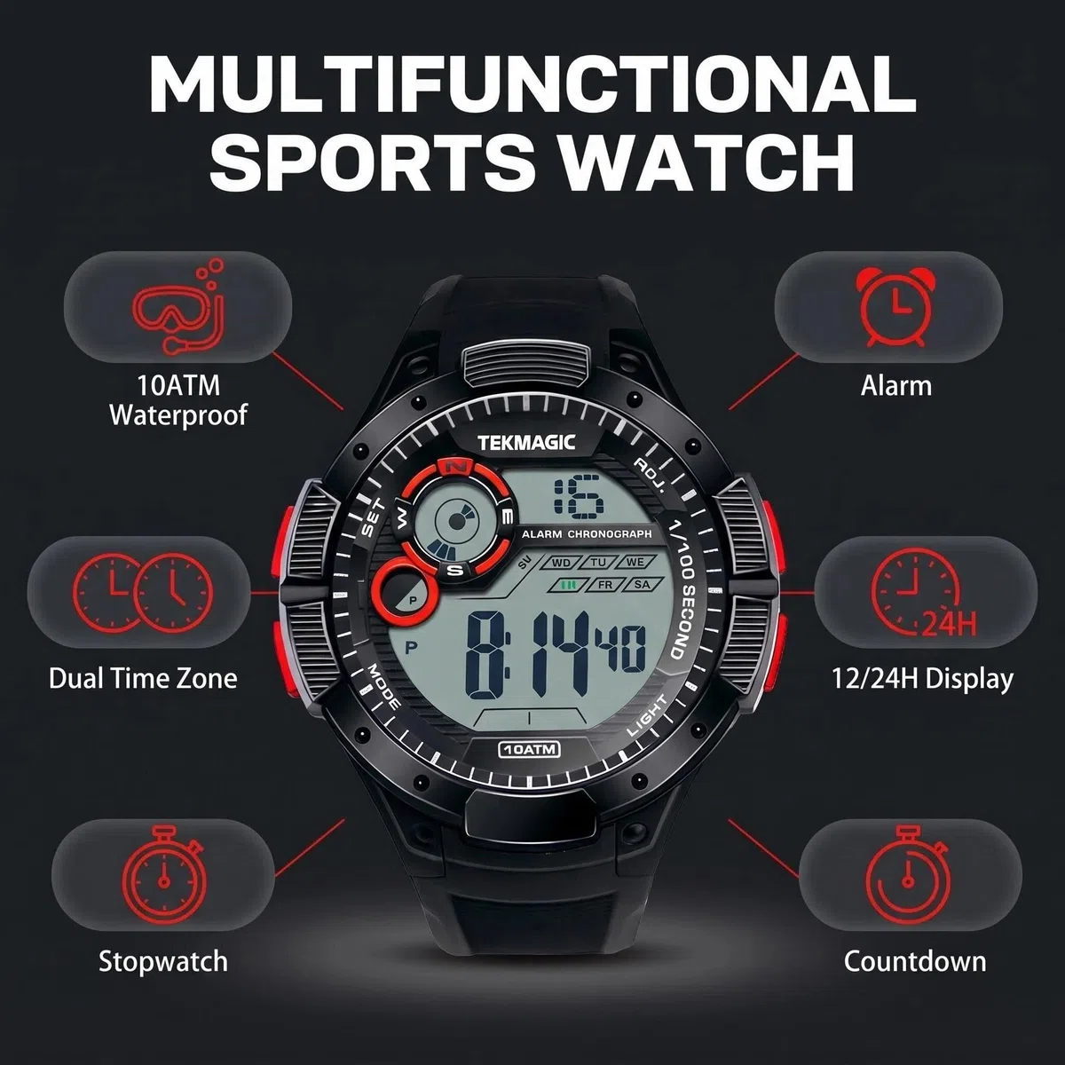 Montre Résistant l'eau 10 ATM 100m Lumineux Montre de Natation Submersible avec Fonctions Réveil, Chronographe, Double Fuseau Horaire, Format 12/24 Heures Sélectionnable