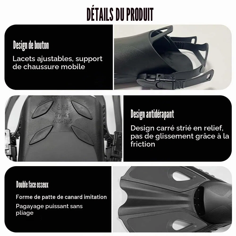 Palmes de plongée réglables Taille 42-47 Courte Réglable pour la plongée avec tuba Adulte Hommes Femmes L/XL