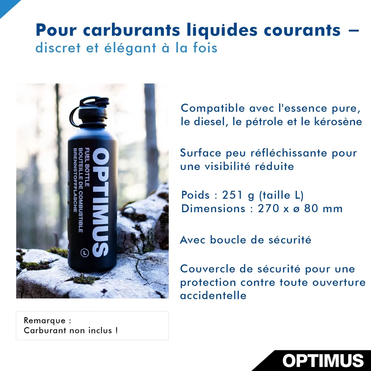 Optimus Bouteille de combustible de 1,0 l pour réchaud de camping avec combustible liquide (sans contenu) | résistante à la pression et légère | avec couvercle de fermeture sécurisé pour les enfants
