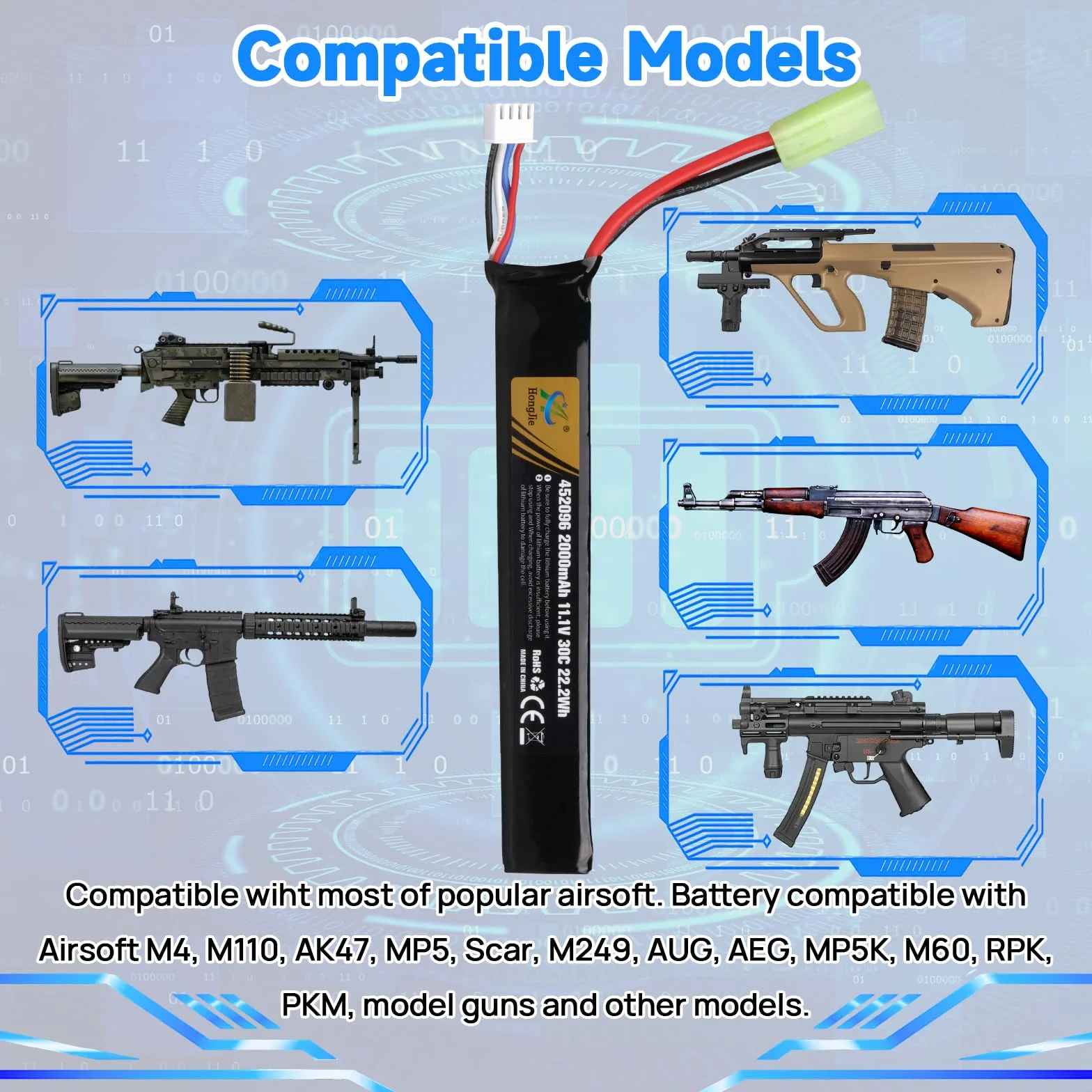 11,1 V 2000 mAh 30 C 3S Batterie LiPo Rechargeable avec Tamiya Connecteur pour Fusils Airsoft M4, M110, AK47, L85, MP5, Scar, M249, AUG, AEG, MP5K, M60, RPK, PKM