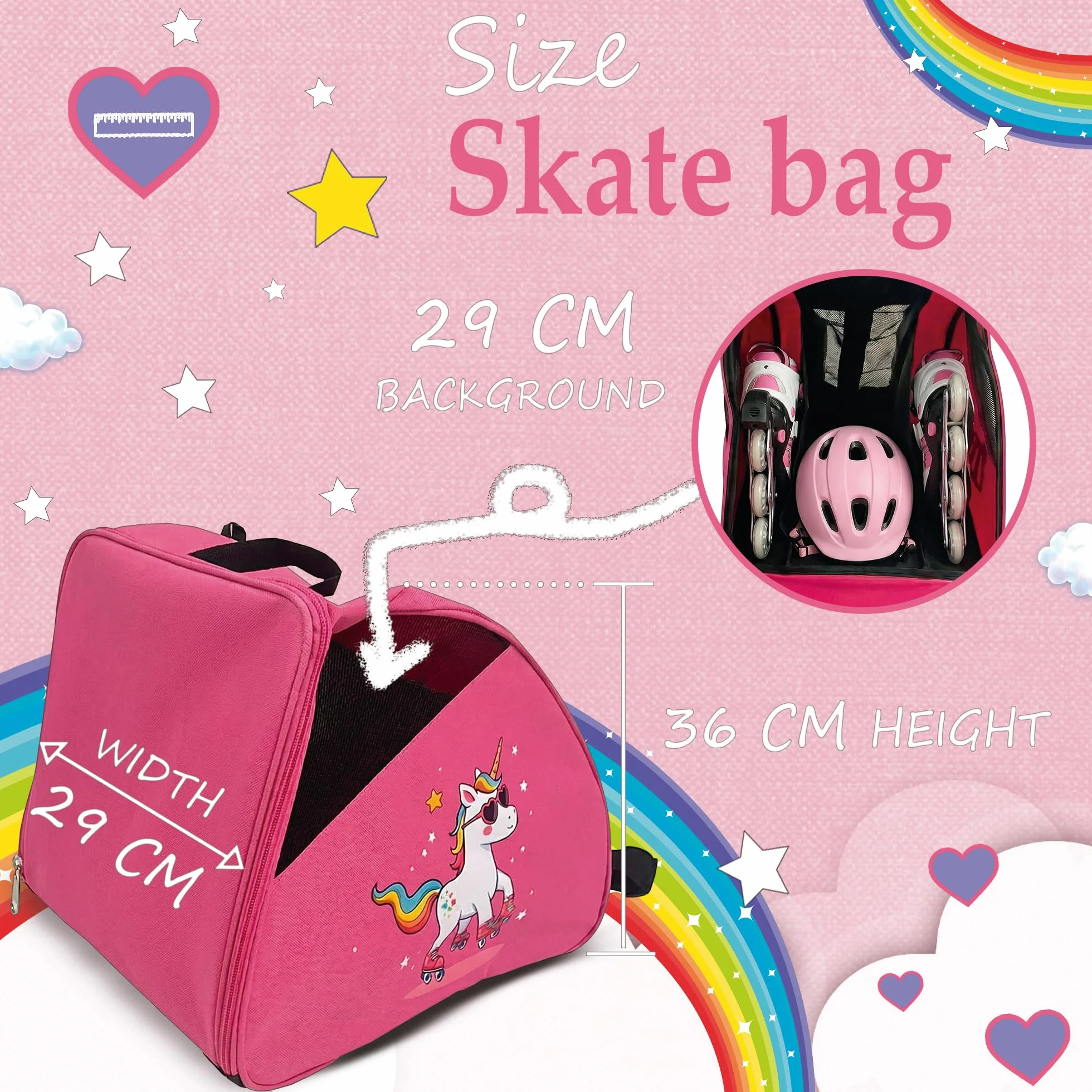 OJA Barcelona Sac pour Rollers pour Enfants - Rose avec Imprimé Licorne - Bandoulière Réglable Rembourrée, Sac de Transport pour Patins Spacieux pour Chaussures et Protections, Bag Robuste