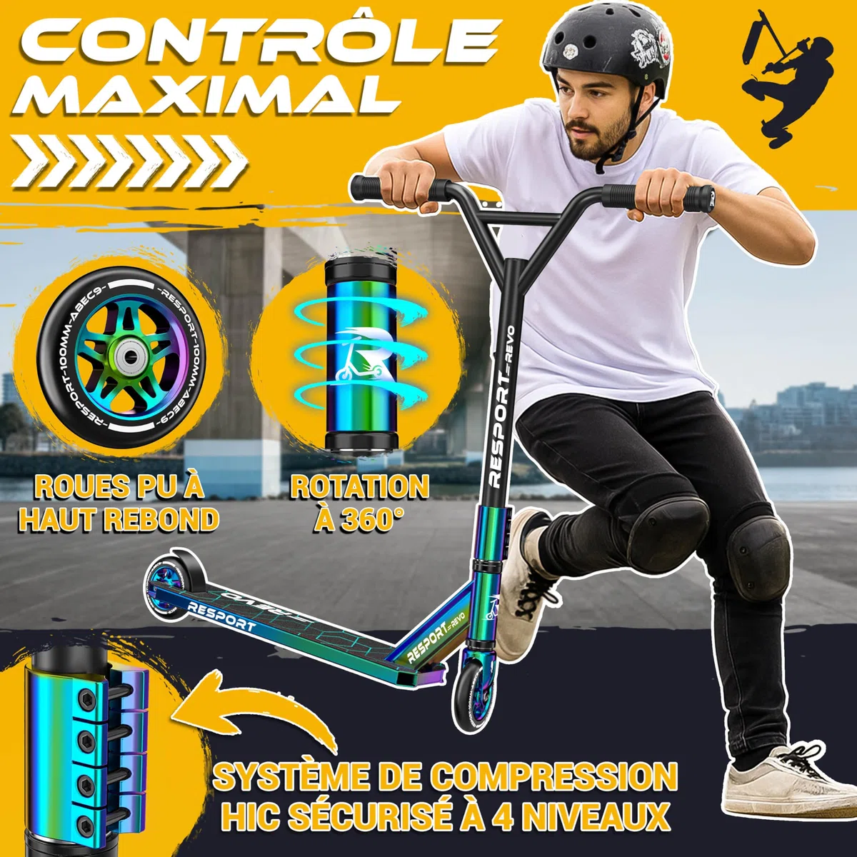 RE:SPORT Trottinette Stunt Revo pour enfants et adultes, avec support, 100 mm, roues en polyuréthane et barre en Y, roulement à billes ABEC 9, trottinette cascade, trottinette freestyle