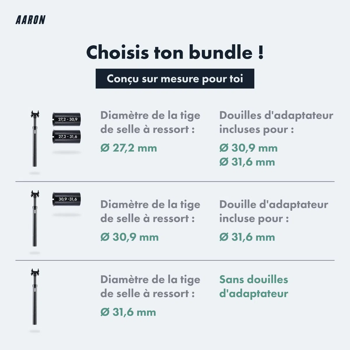 AARON Shock Tige de selle à ressort de 27,2, 30,9 ou 31,6 mm de diamètre – Tige de selle à ressort en aluminium de 350 mm de long – Tige de selle de vélo à suspension pour vélo électrique, VTT