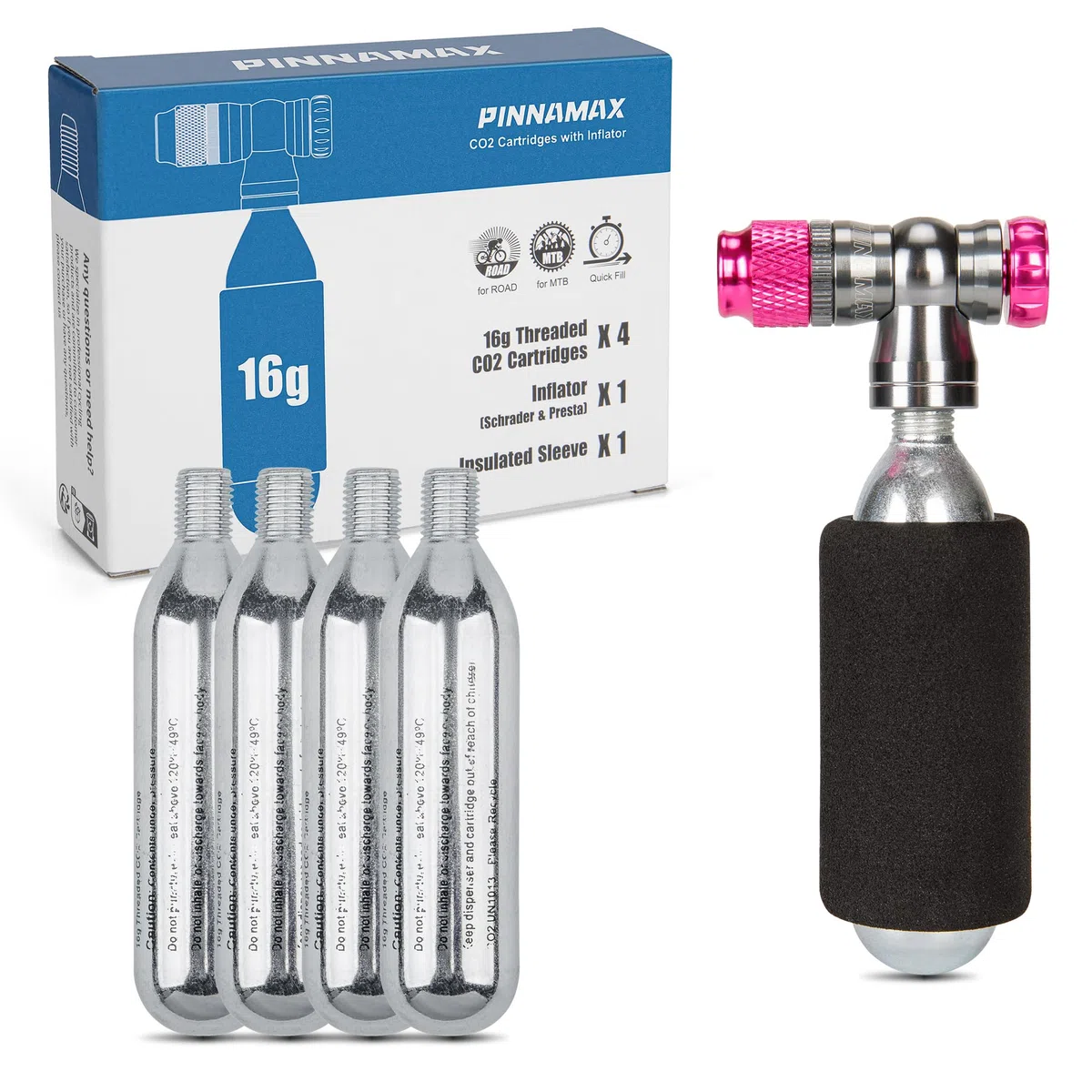 Kit de Pompe à vélo CO2 - Gonfleur de CO2 avec Cartouches de CO2 de 16 g/25 g - Compact, léger, Compatible avec valves Presta et Schrader - Parfait pour Les vélos de Route et VTT - avec