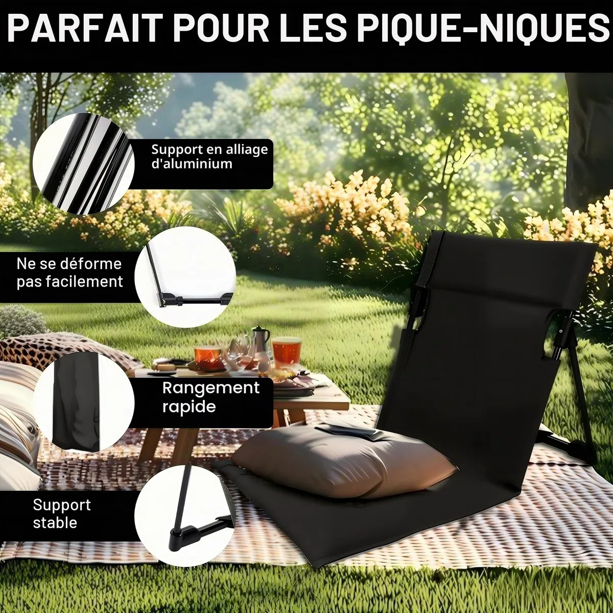 Chaise de sol avec dossier, natte de plage, fauteuil pliant, panier de plage, siège portable pour camping, pique-nique, activités de plein air, chaise de sol avec support (noir)