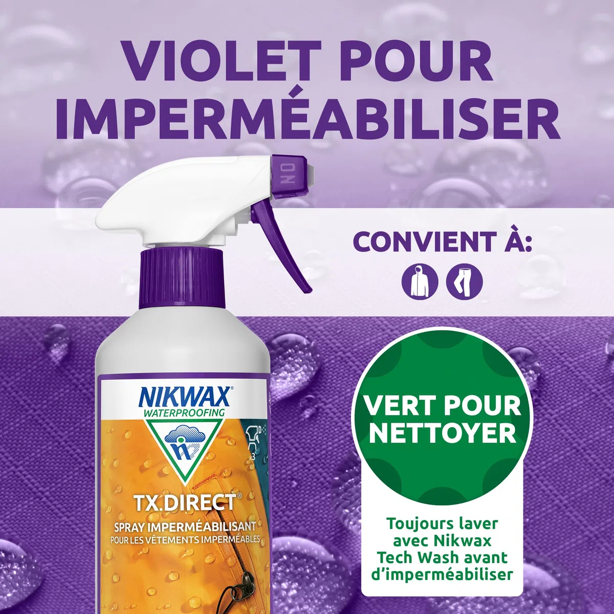 Imperméabilisant spray Nikwax TX.DIRECT, Spray imperméabilisant puissant pour les vêtements d'extérieur, restaure le traitement imperméable des vestes et vêtements de pluie