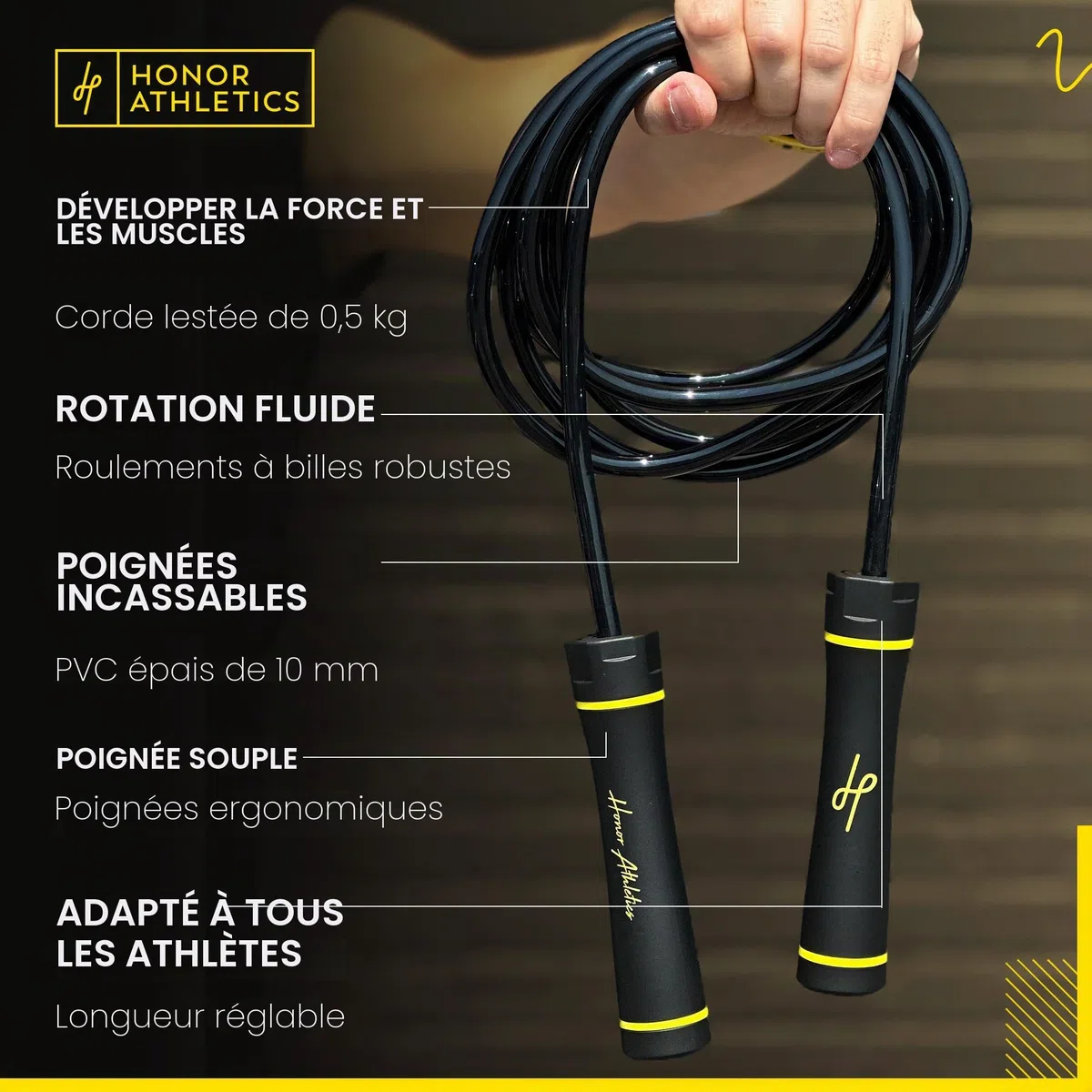 Honor Athletics - Corde à sauter lourde de 0,5 kg pour entraînement de haute intensité et de force – Corde réglable en PVC de 3 m avec poignée ergonomique, roulement à billes, idéale pour la boxe, le