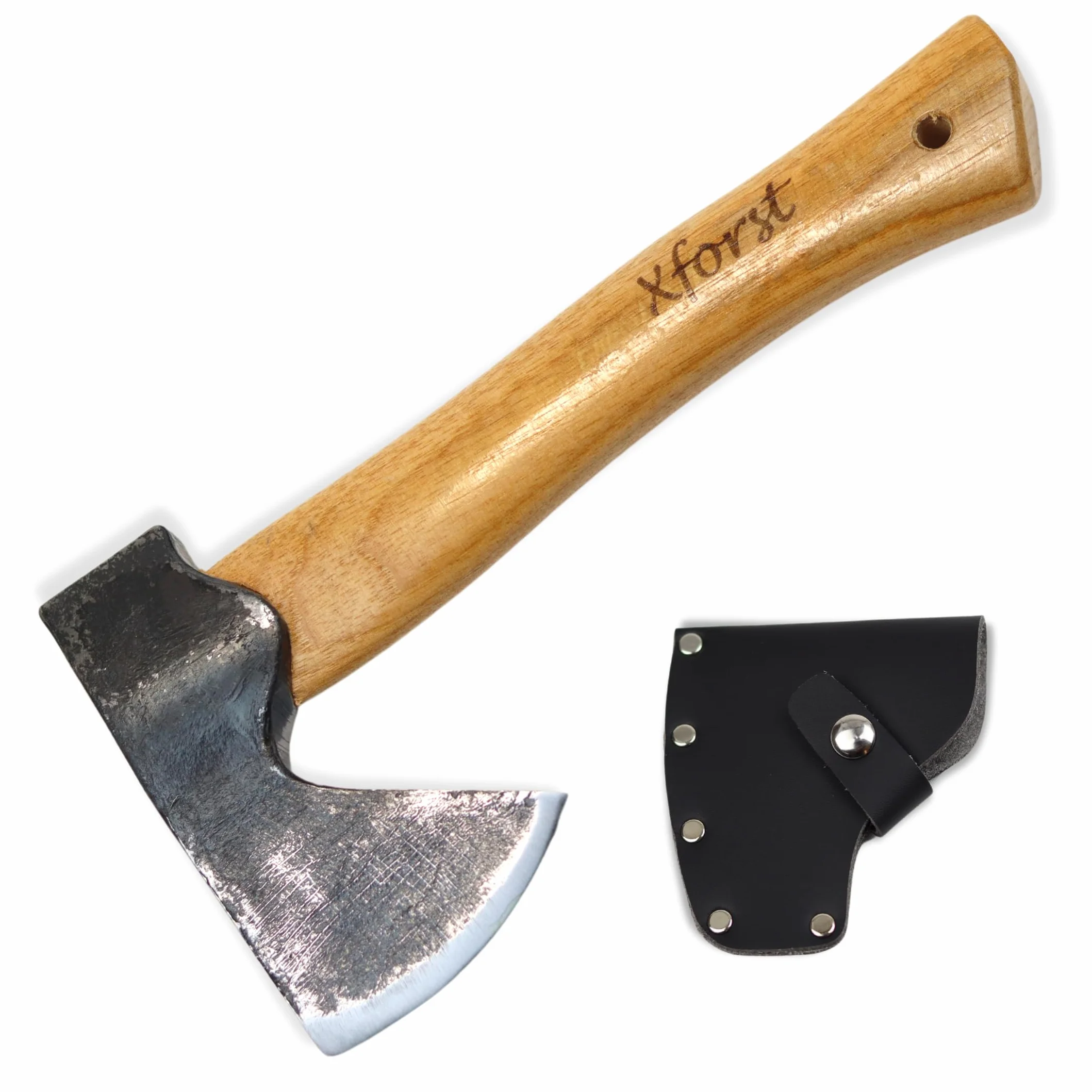 Xforst Hache Viking X-AG1Black – Hachette de Trekking et Outdoor avec Manche en Bois de Hickory & Étui de Protection en Cuir Véritable – 27 cm – 0,67 kg