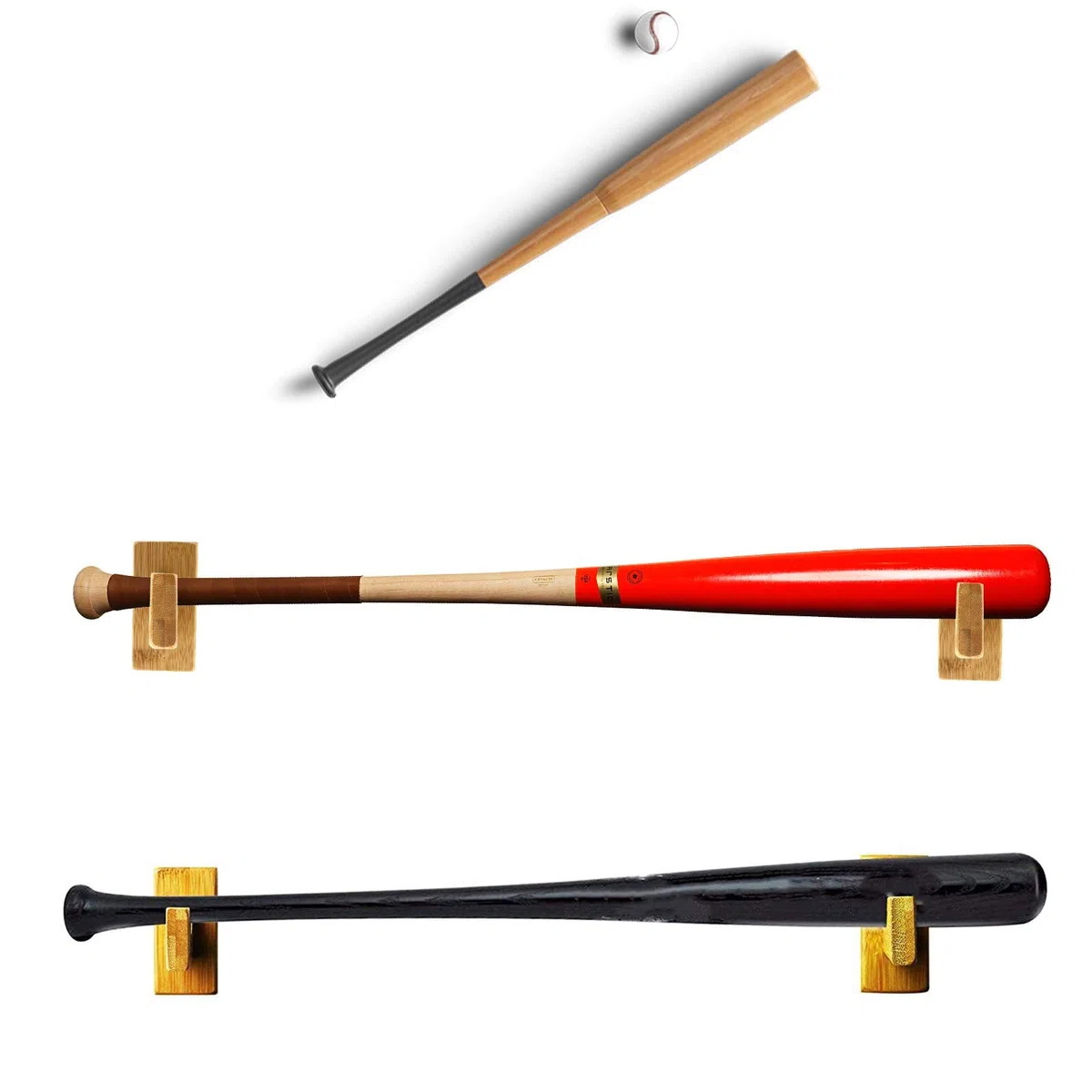 Lot de 2 supports muraux pour batte de baseball avec vis dissimulées - Support mural horizontal - Marron