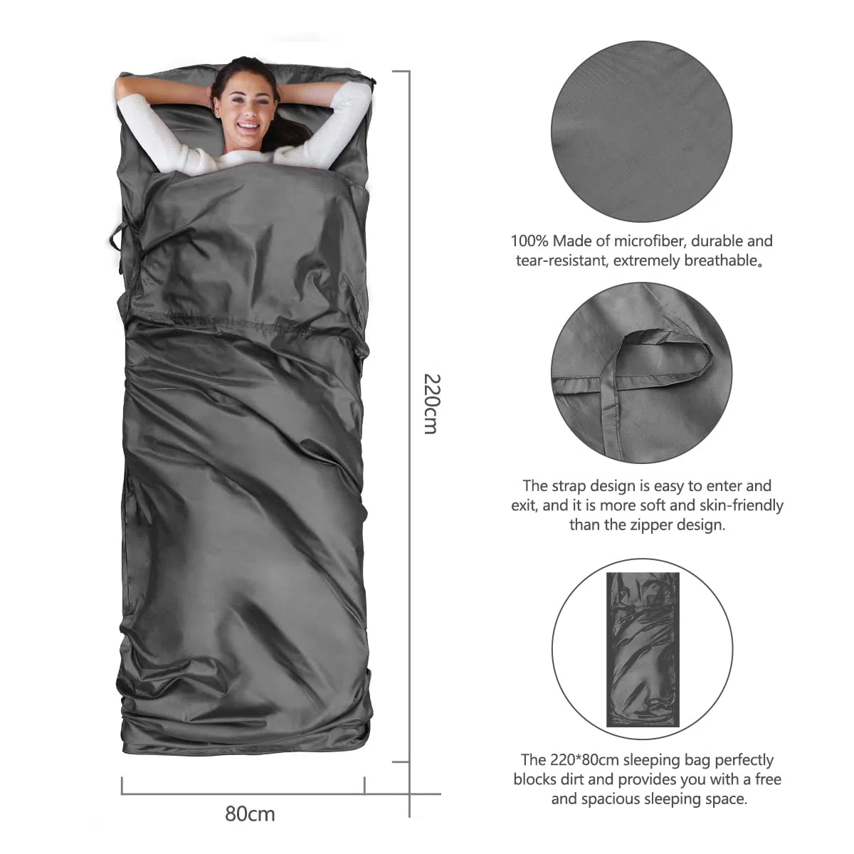 Drap de Sac de Couchage, Sac a Viande Couchage Douce avec Poche d'oreiller, Drap de Sac Ultraléger et Portable pour Hôtels, Randonnée, Camping (Gris)