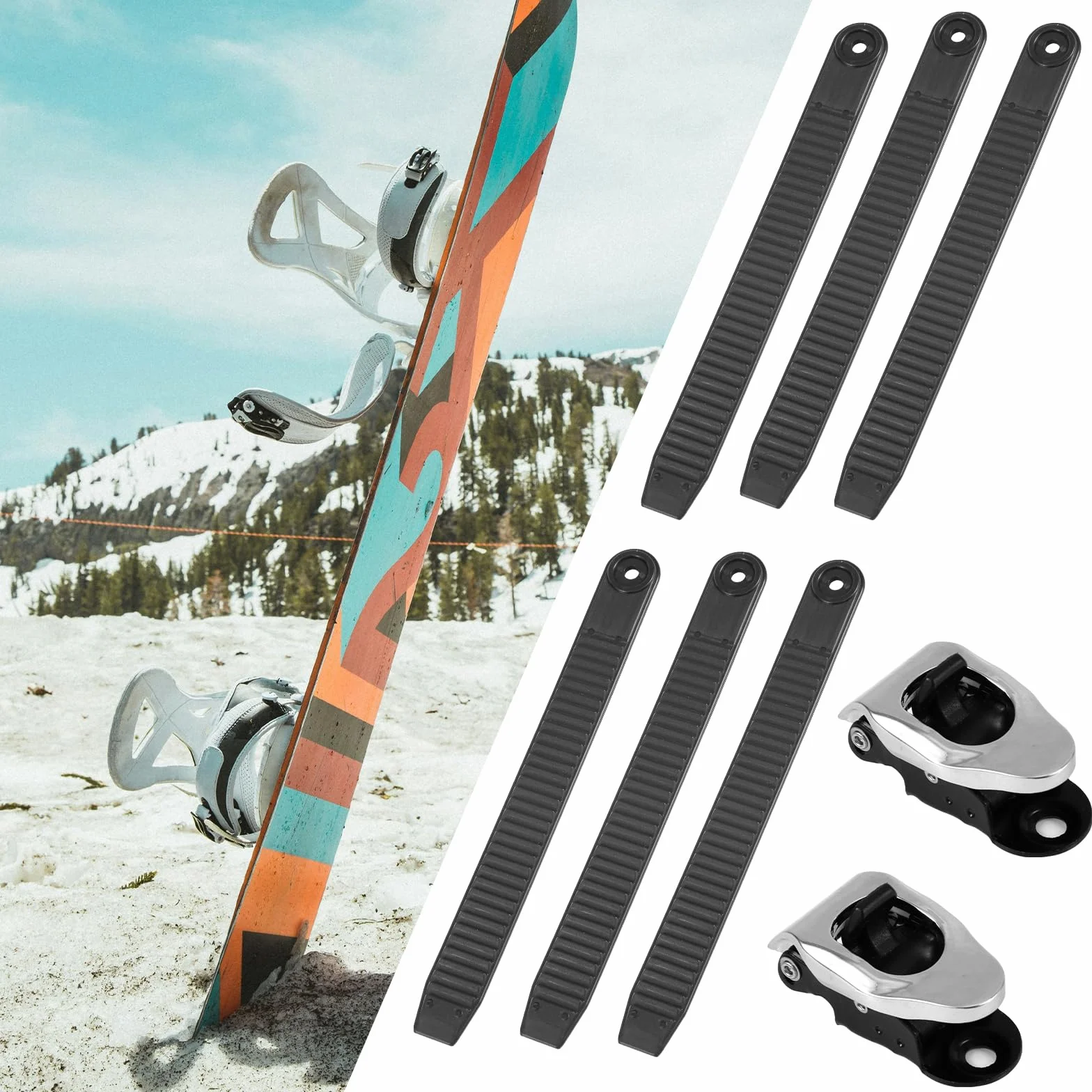 Gosknor 6pcs Sangle de Fixation Snowboard+2pcs Boucles, Snowboard Binding Straps Très Élastique Sangle Support de Sangles d'Échelle de Fixation de Snowboard Pièces pour Snowboard