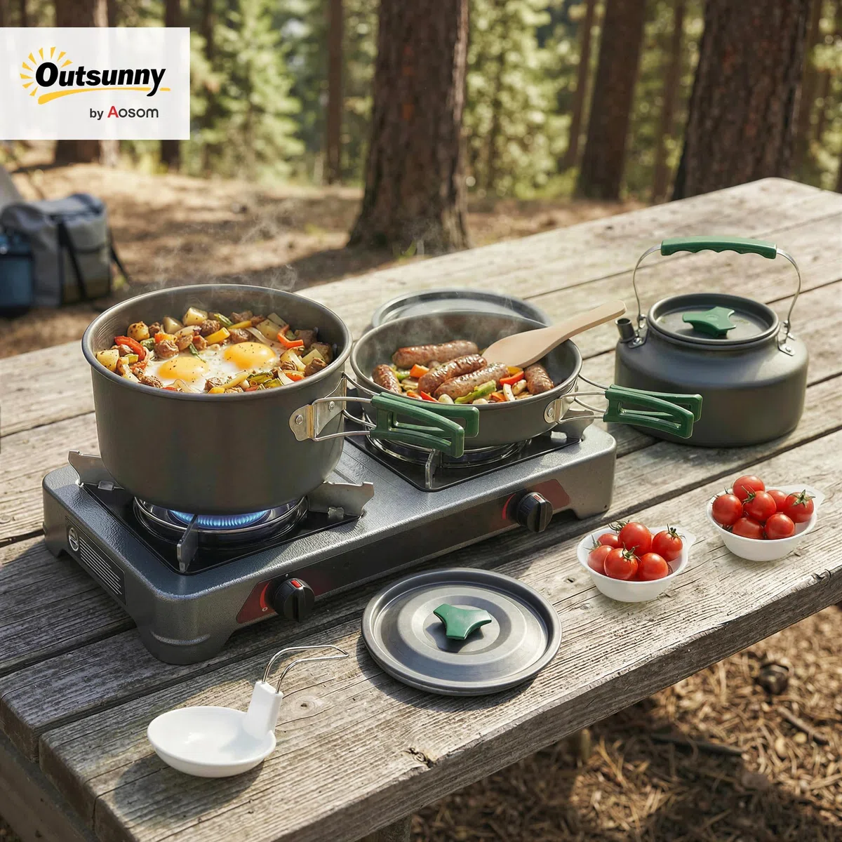 Outsunny Kit de Casseroles Camping 11 Pcs, Cuisine de Camping Compact en Aluminium avec Poignées Anti-Brûlures, Batterie de Cuisine Extérieure avec Sac de Rangement pour Randonnée et Camping, Gris