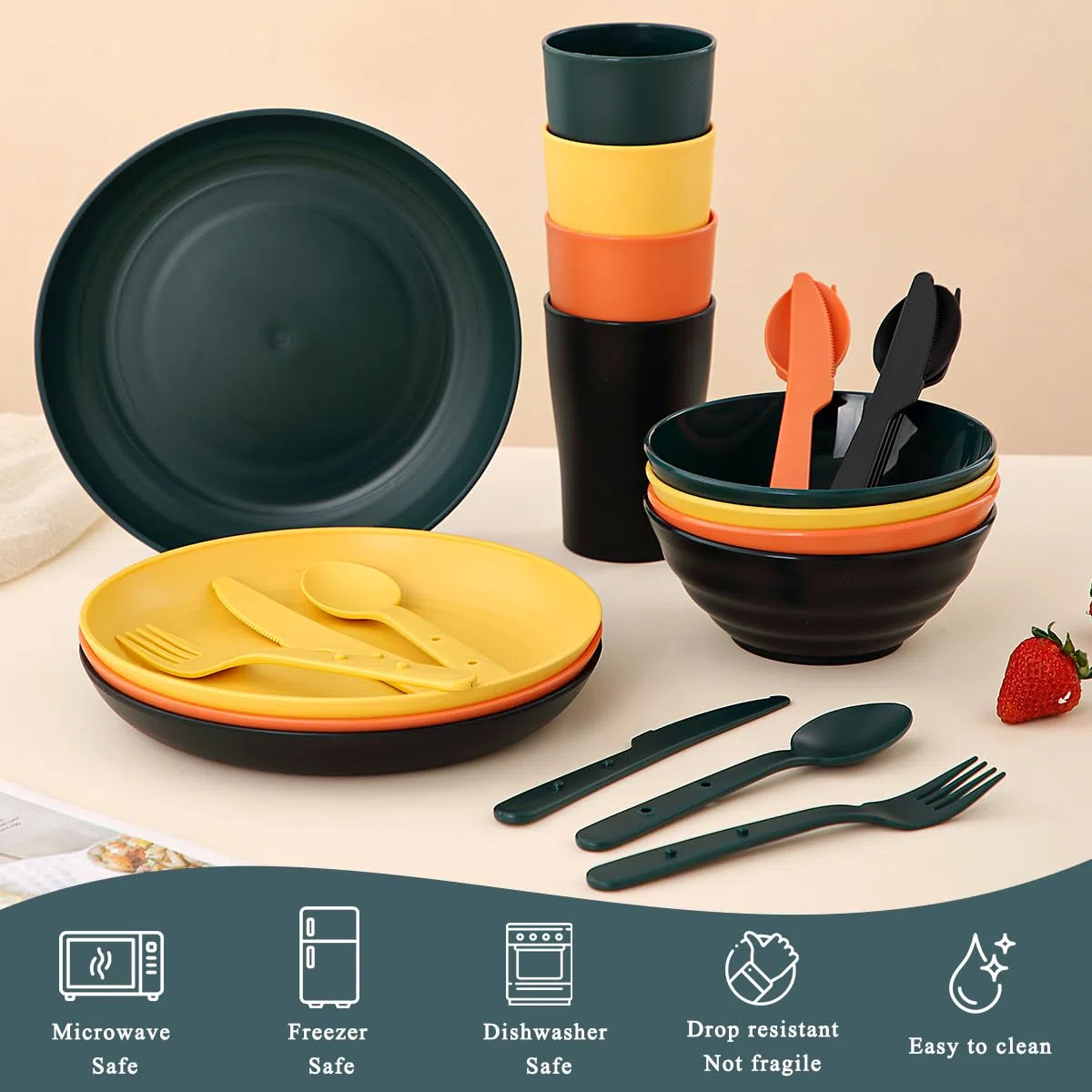 Ustensiles de camping pour 4 avec bol, assiette, tasse, cuillère, fourchette, couteau et sac de transport, accessoires de camping en plastique Équipement essentiel pour voyage, pique-