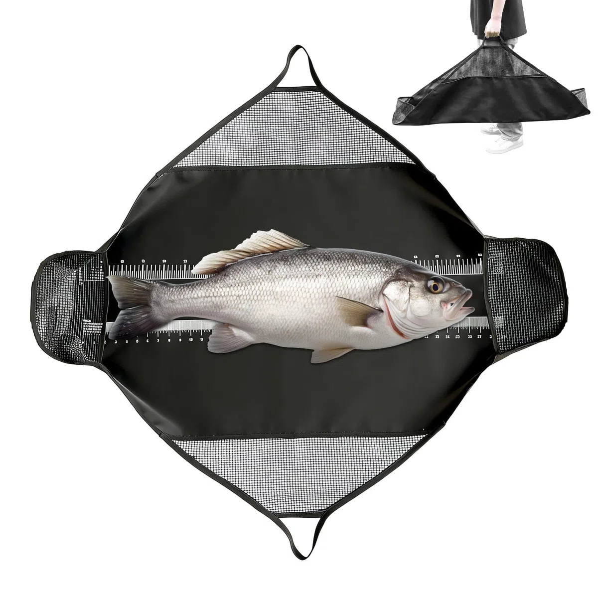 PORFOYO Tapis de réception avec mesure intégrée, 125x50cm Tapis de réception pour la pêche, Tapis de réception premium, Tapis de mesure avec poignées, Tapis pour carpe pour poisson prédateur, Ligne de