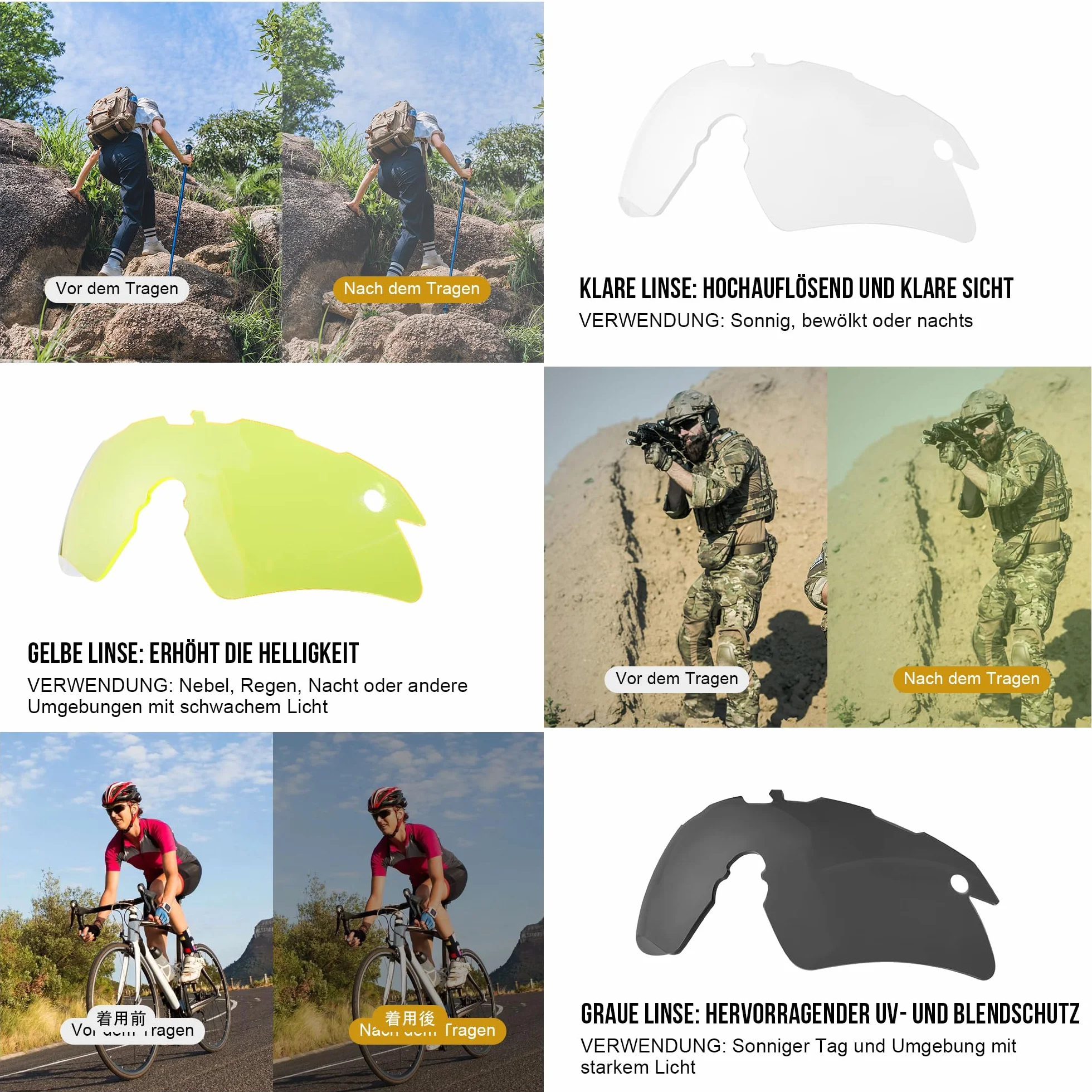 1TG Tactical Lunettes de vélo, lunettes de protection tactiques, lunettes de sport, lunettes de soleil pour homme et femme, airsoft, paintball, chasse, CS, cyclisme, course à pied, randonnée