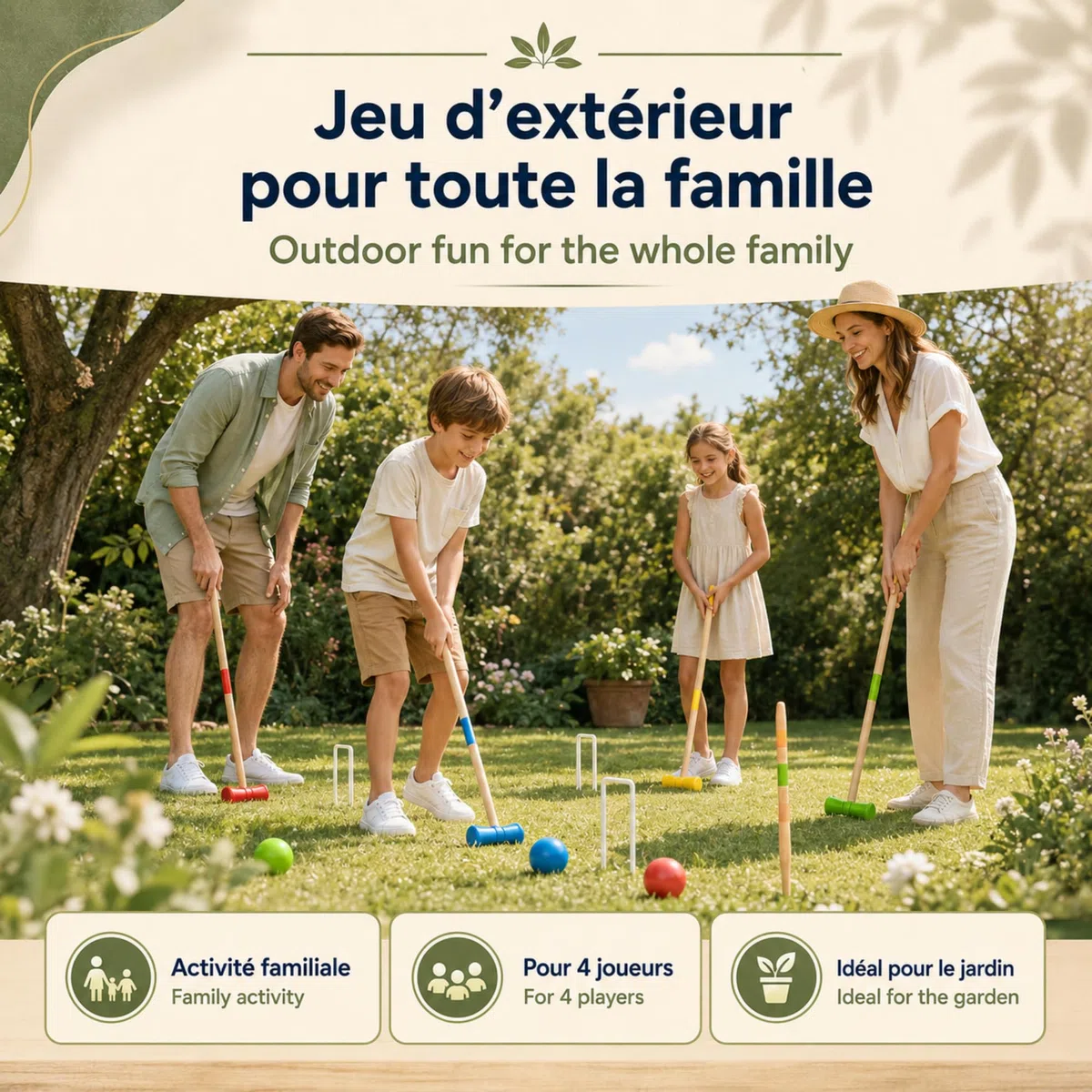 GRENADINE BOUTIQUE Jeu De Croquet Bois Set Complet – Maillets Boules Arceaux Piquets – Jeux Bois Exterieur Famille Activité Plein Air – Jeux en Bois Exterieur 4 Joueurs