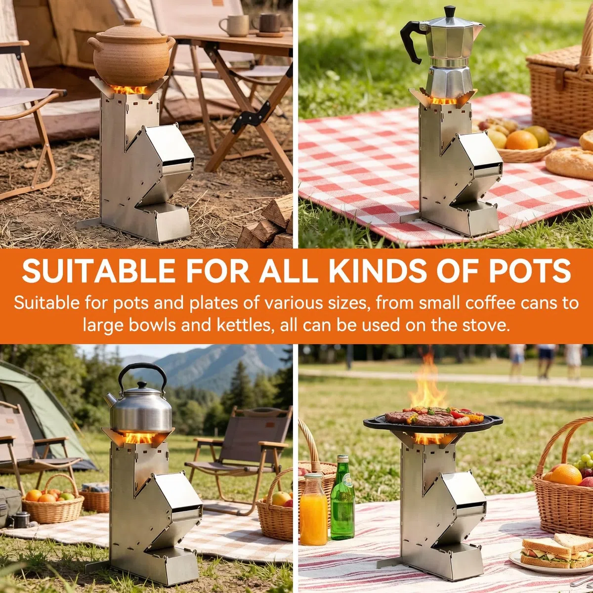 Camping Rocket Stove, poêles de camping portables Griller de brûlure en bois en acier inoxydable avec sac de rangement pour la randonnée de cuisson en plein air