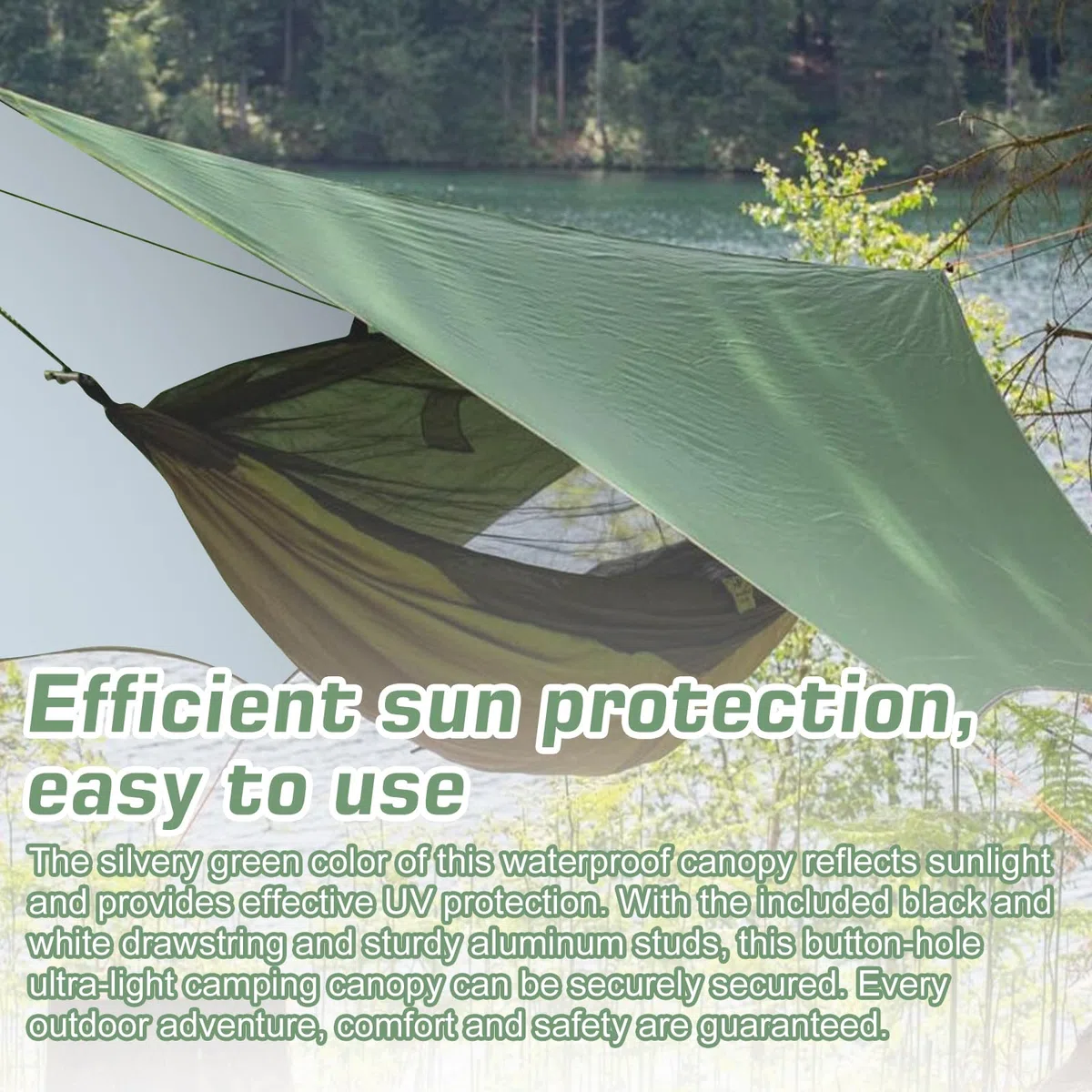 Tarp Bâche de tente de camping étanche 3 x 3 m avec 6 cordes et 6 broches en aluminium, protection UV, ultra légère, avec œillets, pour camping, extérieur, pique-nique, randonnée, hamac (vert)