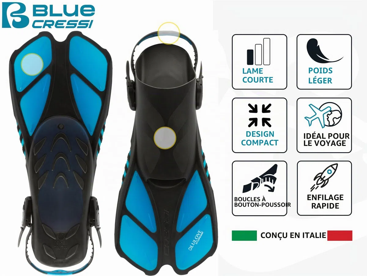Cressi Palmes de Natation Courtes réglables pour Adulte avec Boucles Ultra résistantes, très légères – Idéal pour Les Voyages | Bonete : conçu en Italie