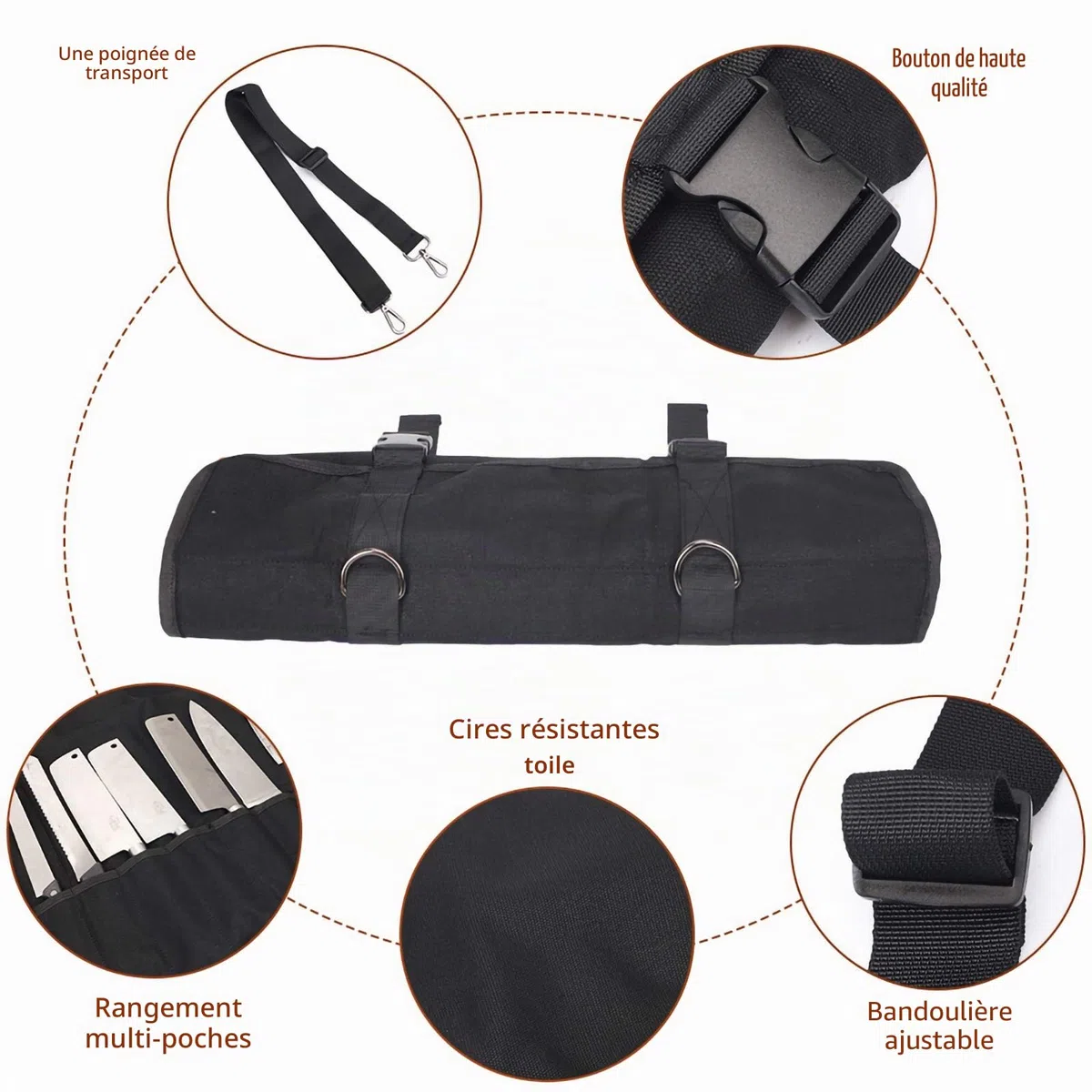 Trousse De Couteaux Chef Professionnel Sac à Couteaux en Toile Cirée Sacoche Couteaux 11 Emplacements Noir