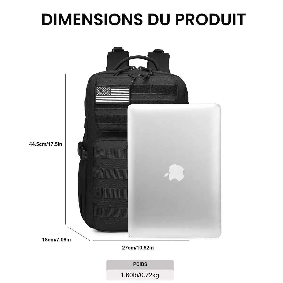 Sac à dos tactique militaire pour homme - Étanche - Sac d'assaut de 3 jours - Sac Molle avec porte-bouteille d'eau, Noir , 25L