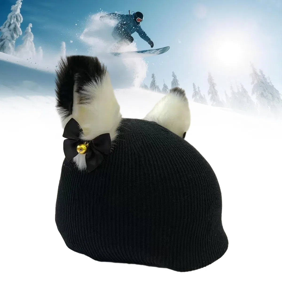 F Fityle Housse de casque de Ski, bonnet pour femmes et hommes, Sports d'hiver, extensible, dessin animé, housse de protection, chapeau tricoté, décoration de, Chaton noir