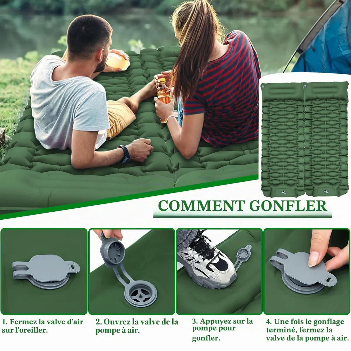 Frasheng Matelas de camping auto-gonflant - Ultra léger et imperméable - Matelas de camping avec pompe à pied et coussin pour l'extérieur - Vert