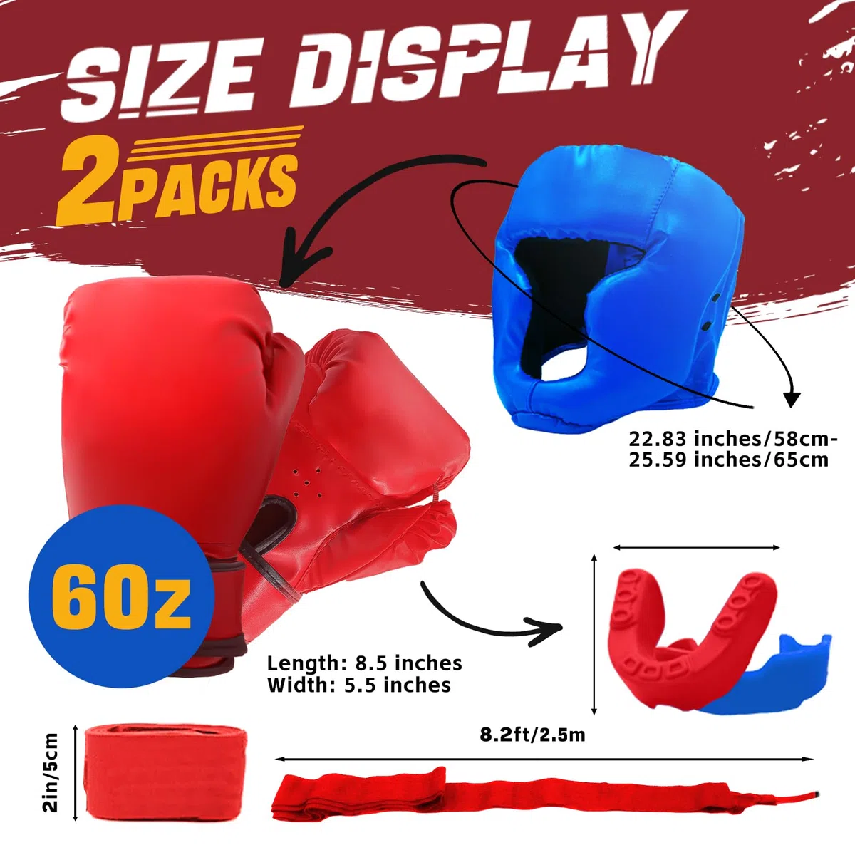 Ensemble de 14 pièces d'équipement de boxe pour débutants comprenant 2 paires de gants de boxe de 170,1 g, casque, bandages pour les mains, protège-dents, cadeaux pour adultes, jeunes