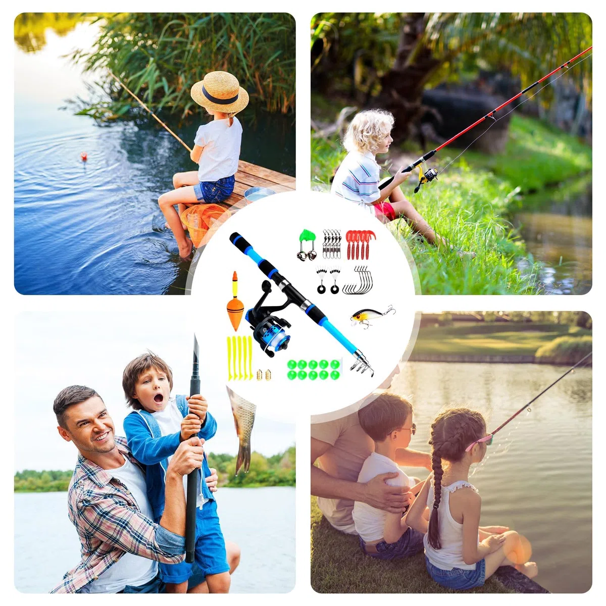 Kit de pêche pour enfants - Kit de démarrage - Canne à pêche télescopique de 1,8 m - Avec moulinet et appât - Accessoires de pêche pour enfants de 3 à 10 ans