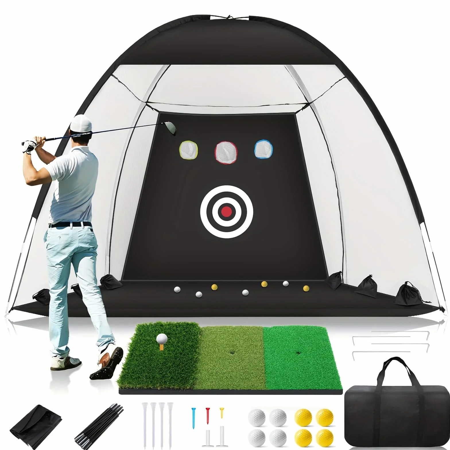 Filet d'entraînement de golf avec tapis de gazon artificiel 3 en 1, filet de golf pour arrière-cour, jardin, garage et salon, conduite, chipping et entraînement de swing pour débutants et