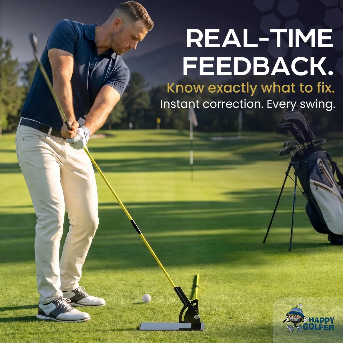 Happy Golfer Entraîneur de swing de golf pour avion de swing et alignement | Plaque avec deux bâtons d'alignement | Pour perfectionner votre swing de golf avec plusieurs exercices d'entraînement |